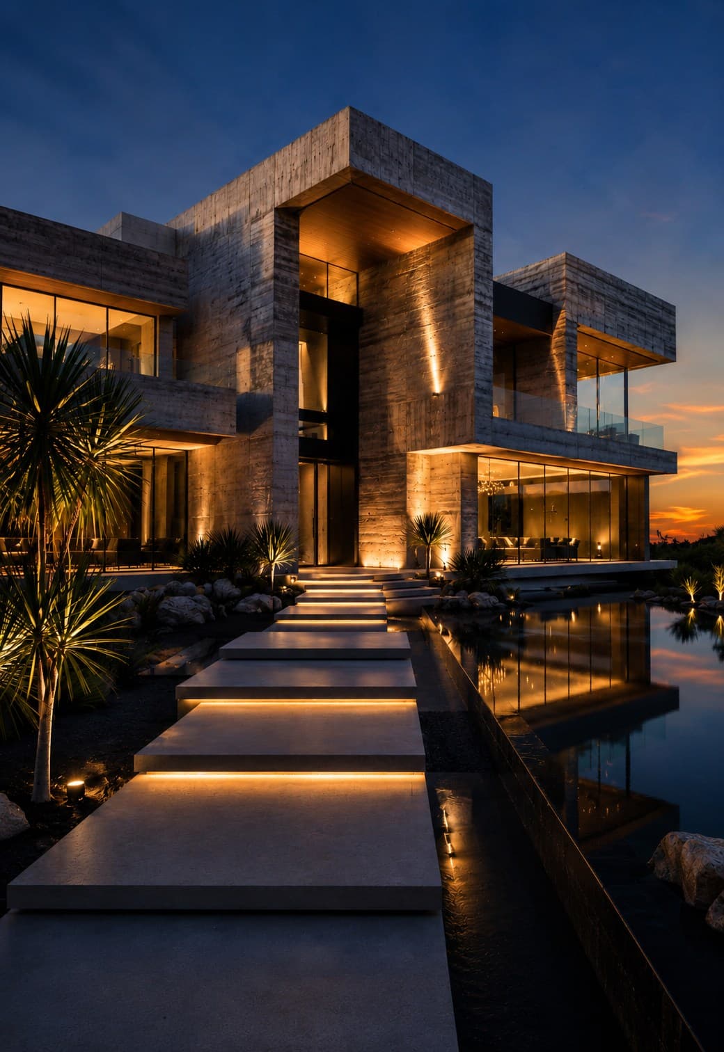 Contemporary Marbella villa illuminated at sunset